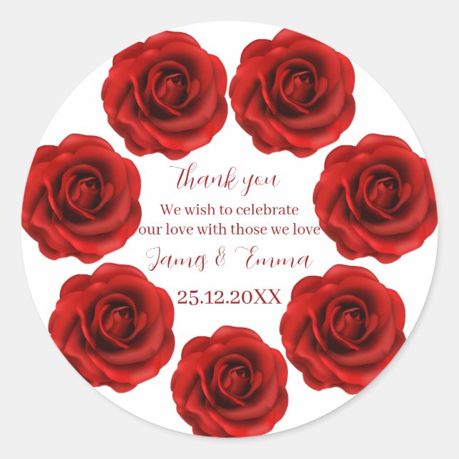 Sticker Rond Elégante Fleur Rouge Mariage Personnalisé (Devant)