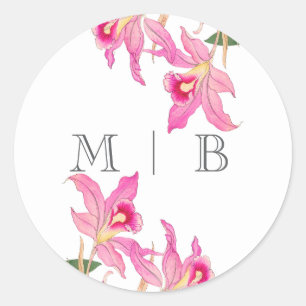 Sticker Rond Élégante floraison d'orchidées roses Initiales Mon