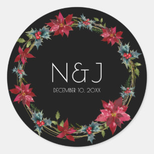 Sticker Rond Élégante Florale de Noël Fête Moderne Noir Sombre