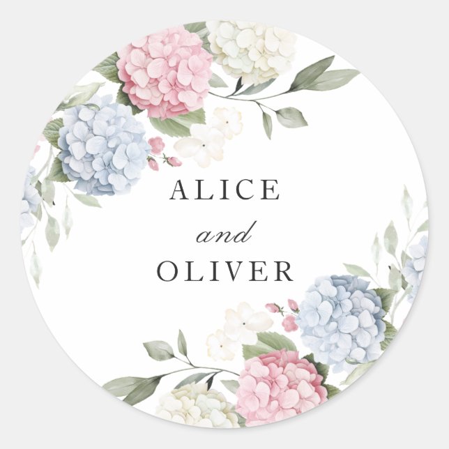 Sticker Rond Élégante Florale Enveloppe Hydrangea Rose et Bleu (Devant)