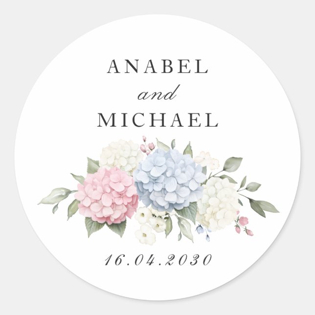 Sticker Rond Élégante Florale Enveloppe Hydrangea Rose et Bleu (Devant)