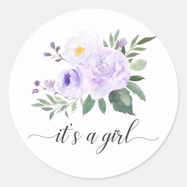 Sticker Rond Élégante florale violette C'est un Baby shower de  (Devant)