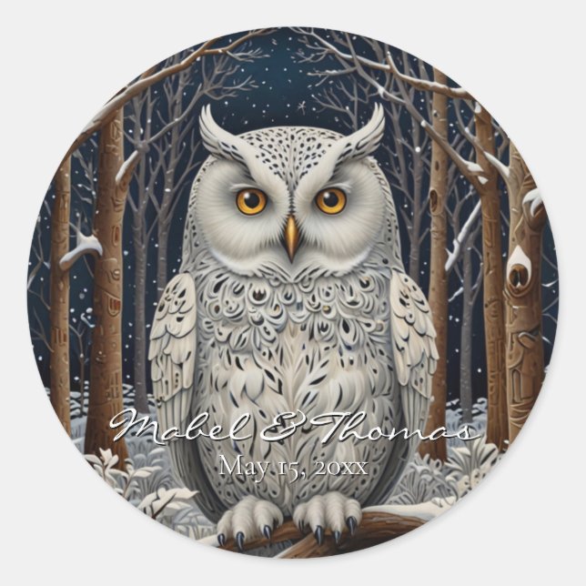 Sticker Rond Élégante forêt d'hiver de chouette blanche boho (Devant)
