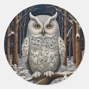 Sticker Rond Élégante forêt d'hiver de chouette blanche boho