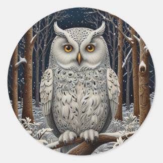 Sticker Rond Élégante forêt d'hiver de chouette blanche boho