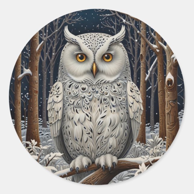 Sticker Rond Élégante forêt d'hiver de chouette blanche boho (Devant)