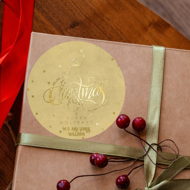 Sticker Rond Élégante Gold Reindeer Gold Lettres Noël (Créateur téléchargé)