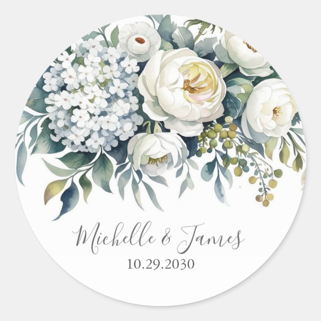 Sticker Rond Élégante Hydrangea Rose Florale Mariage            (Devant)