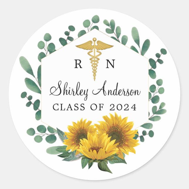 Sticker Rond Élégante infirmière de la RN Sunflower Graduation (Devant)
