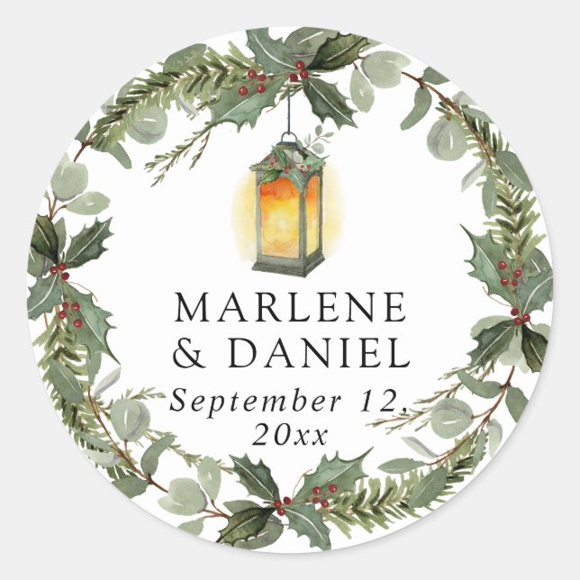 Sticker Rond Élégante lanterne Hiver Blanc n Rouge Holly Envelo (Devant)