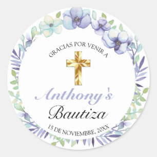 Sticker Rond Elegante Lavanda Cruz De Oro Bautizo Bebé