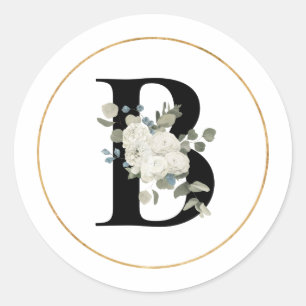 Sticker Rond Élégante lettre de monogramme floral blanc B sur b