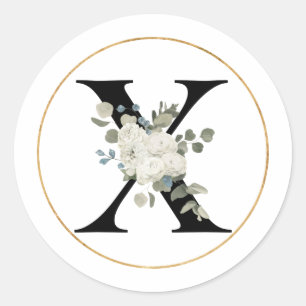 Sticker Rond Élégante lettre de monogramme floral blanc X sur b
