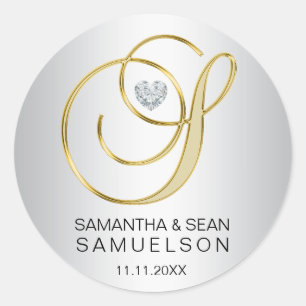 Sticker Rond Élégante lettre d'or d'argent "S" Mariage monogram