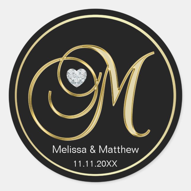Sticker Rond Élégante lettre M de monogramme d'or noir (Devant)