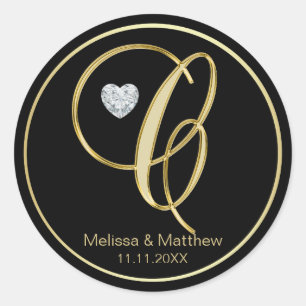 Sticker Rond Élégante lettre Monogramme d'or noir C Diamant de