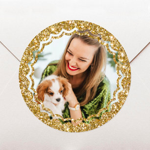 Sticker Rond Élégante Noël Photo personnalisée Gold Faux Partie