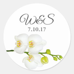 Sticker Rond Elégante Orchidées Blanches Initiales et Date