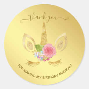 Sticker Rond Elégante parties scintillant florale or unicorne m