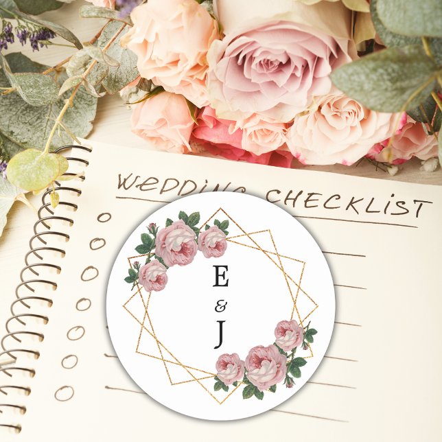 Sticker Rond Elégante Parties scintillant or Mariage floral ros (Elegant Gold Glitter Geometric Pink Floral Wedding Classic Round Sticker)
