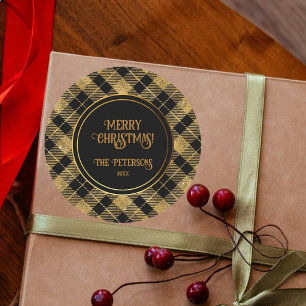 Sticker Rond Elégante Parties scintillant Tartan Black Gold