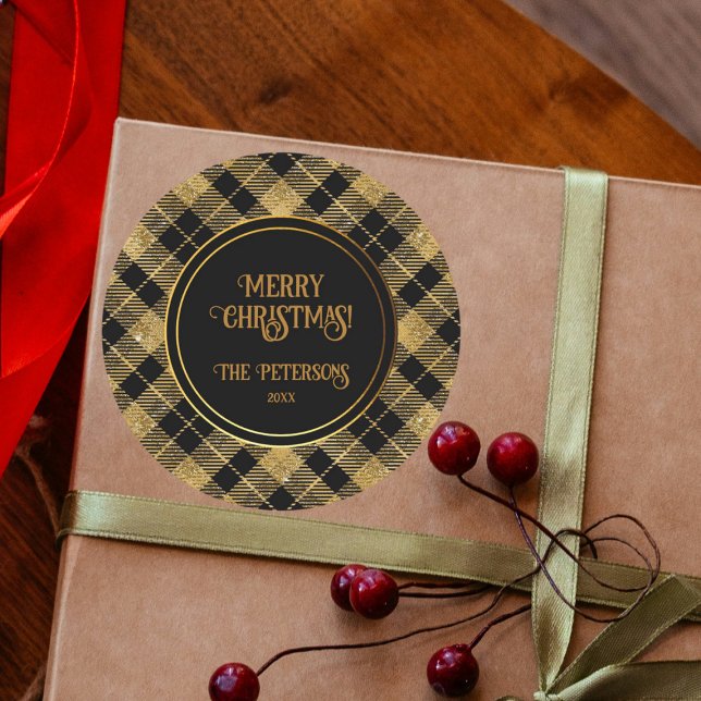 Sticker Rond Elégante Parties scintillant Tartan Black Gold (Créateur téléchargé)