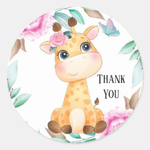 Sticker Rond Elégante pivoine rose et un Merci de girafe mignon