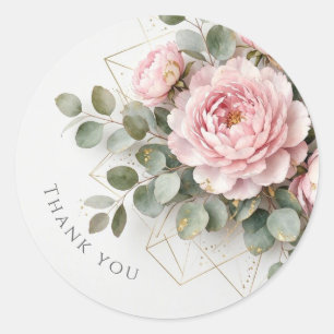 Sticker Rond Élégante Pivoine Rose Géométrique Or Merci