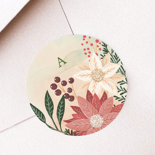 Sticker Rond Elégante Poinsettia Monogram Aquarelle de vacances