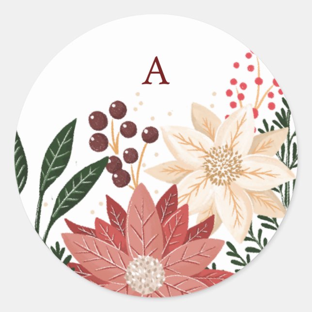 Sticker Rond Elégante Poinsettia Monogramme de Noël Aquarelle