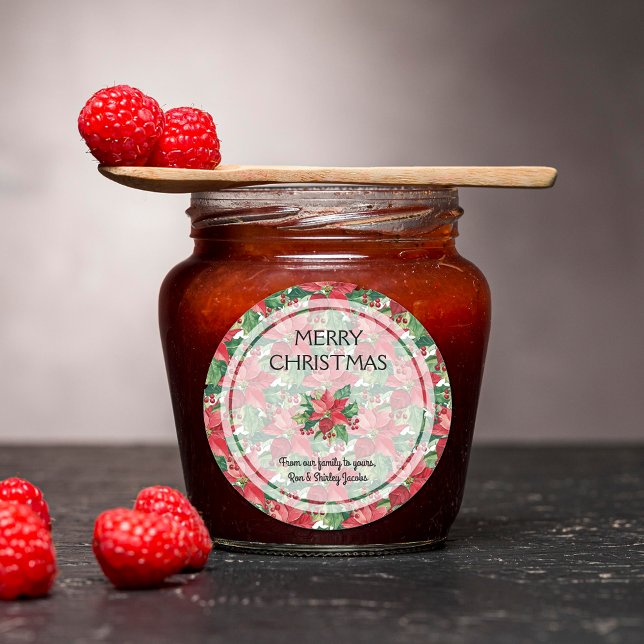 Sticker Rond Elégante Poinsettias Rouge Joyeux Noël (Elegant Red Poinsettias Merry Christmas Round Stickers)