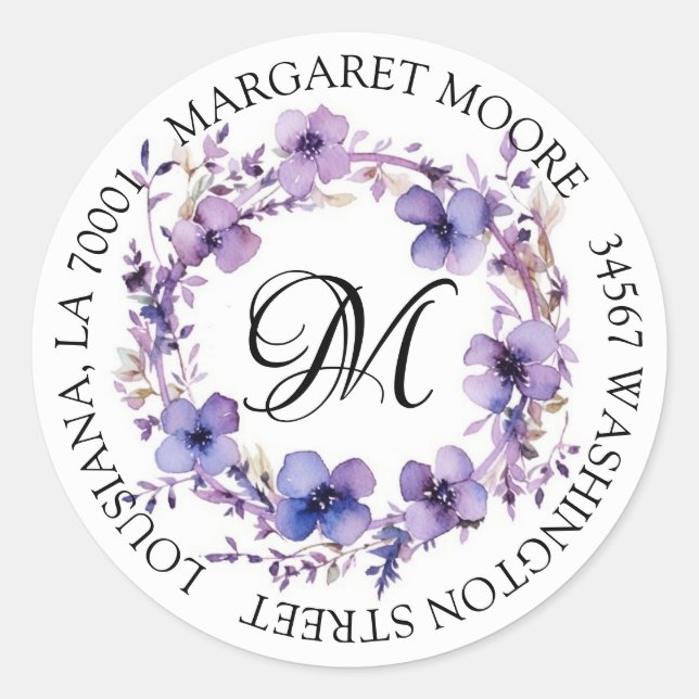 Sticker Rond Élégante Purple Floral Script Monogramme Adresse (Devant)