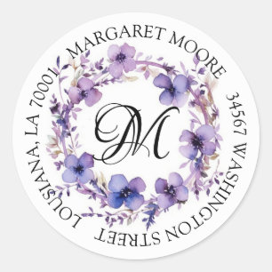 Sticker Rond Élégante Purple Floral Script Monogramme Adresse
