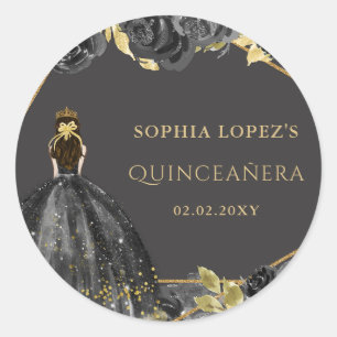 Sticker Rond Élégante Quinceanera Princesse Fleurie Noir Or
