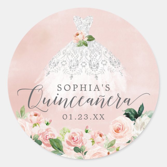 Sticker Rond Elégante Quinceanera Robe Florale Classic Round St (Devant)