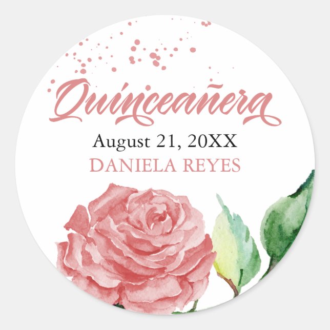 Sticker Rond Elégante Quinceanera Rose Rose Aquarelle Personnal (Devant)