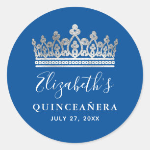 Sticker Rond Elégante Quinceanera Royal Blue Argent Couronne