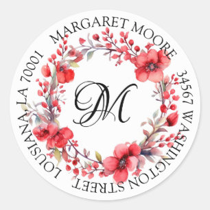 Sticker Rond Élégante Red Floral Script Monogramme Adresse