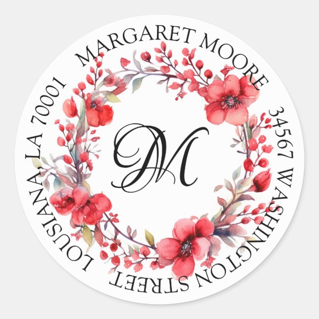 Sticker Rond Élégante Red Floral Script Monogramme Adresse (Devant)