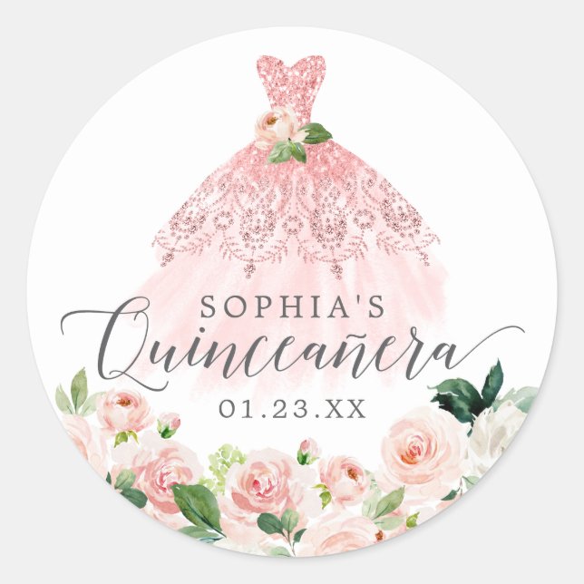 Sticker Rond Élégante robe florale Quinceanera (Devant)