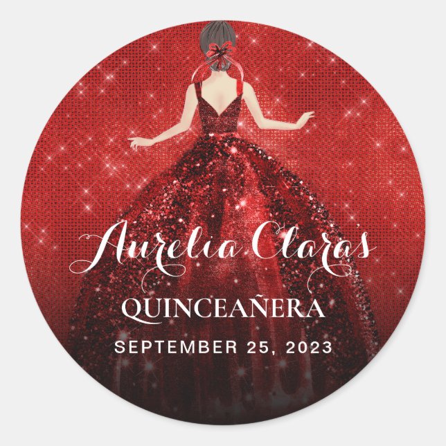 Sticker Rond Élégante robe rouge princesse pétillante Anniversa (Devant)