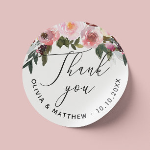 Sticker Rond Élégante rose. Floral script mariage merci
