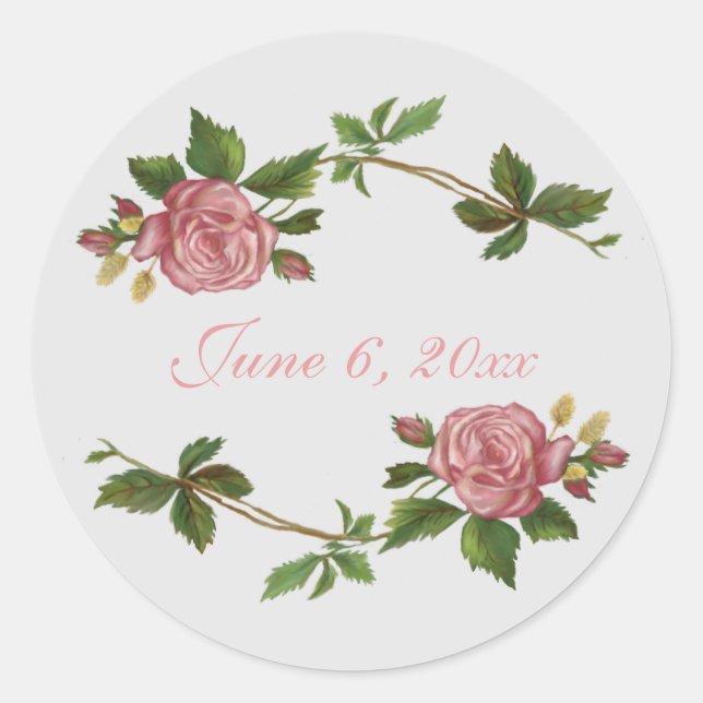 Sticker Rond Élégante rose rose Vintage avec date (Devant)