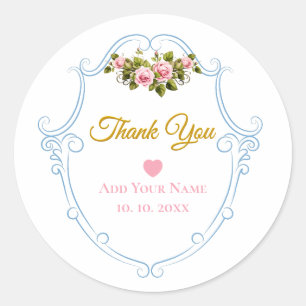 Sticker Rond Élégante rose rose vintage florale et remerciement