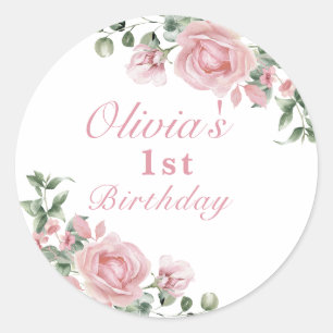 Sticker Rond Elégante rose Roses 1er anniversaire fête