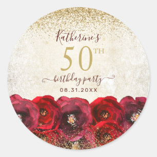 Sticker Rond Élégante Rose rouge Floral Gold 50e fête d'anniver