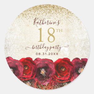 Sticker Rond Elégante Rose rouge Floral Or 18ème anniversaire f