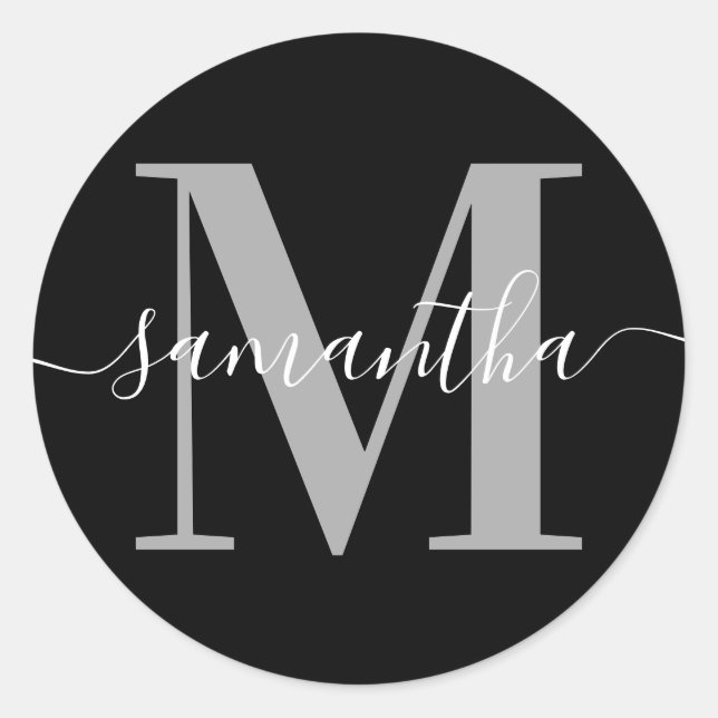 Sticker Rond Élégante Signature Gris Moderne Monogramme Noir (Devant)