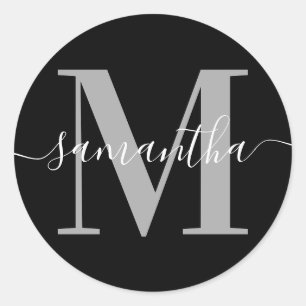 Sticker Rond Élégante Signature Gris Moderne Monogramme Noir