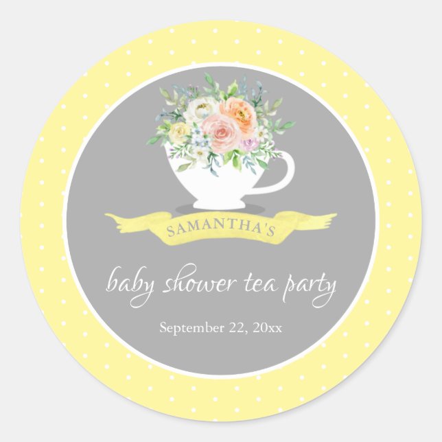Sticker Rond Elégante Teacup Floral Teacup Baby shower Tea Part (Devant)